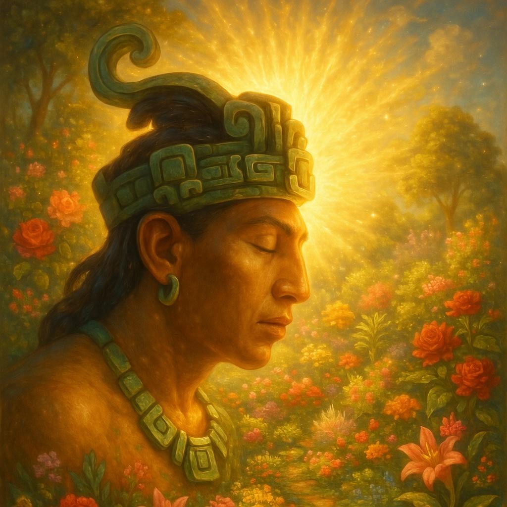 Gemälde: ein Maya-Ahne mit Jadeschmuck und geschlossenen Augen im Profil, hinter ihm strahlendes Licht und ein Blumengarten