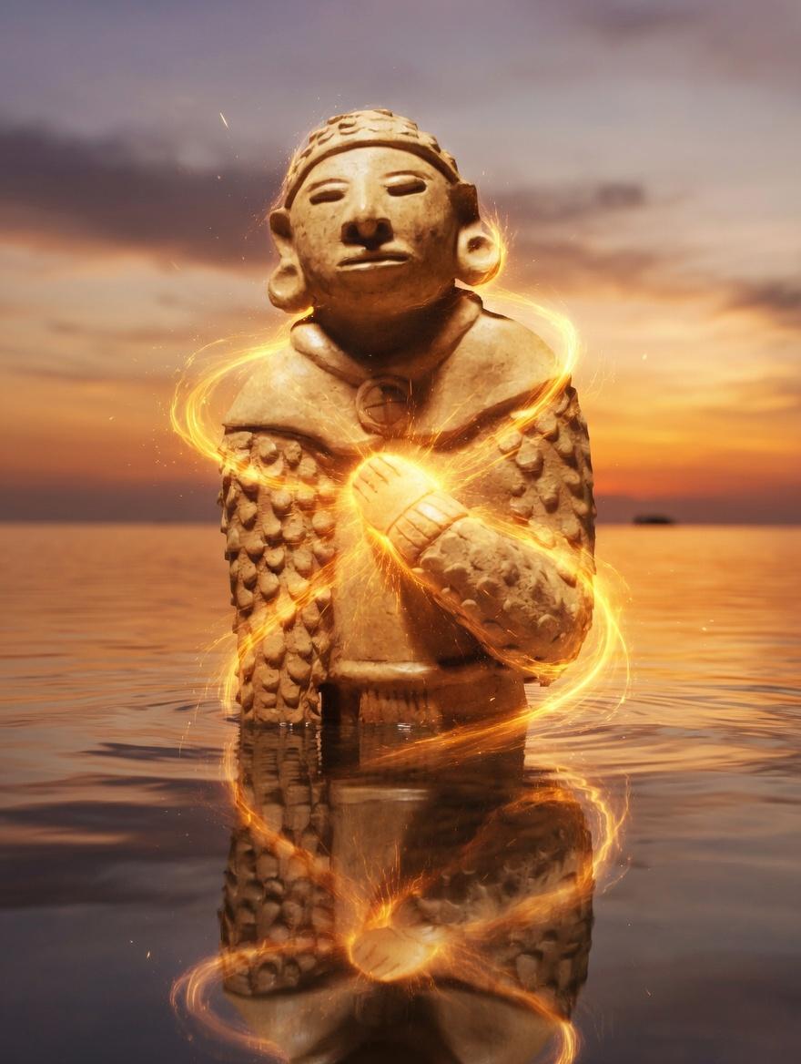 Eine helle Maya-Tonfigur mit der Hand am Herzen im Wasser, umgeben von goldenen Lichtspiralen, dahinter der Abendhimmel