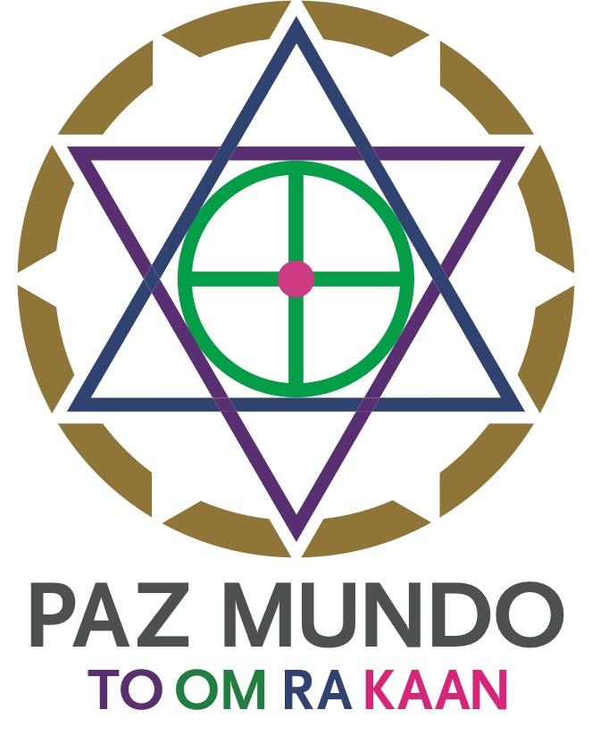 Das Logo von Paz Mundo: ein Stern aus einem blauen und einem violetten Dreieck in einem goldenen Kranz mit zwölf offenen Stellen, in der Mitte ein grüner Kreis mit Kreuz und ein magentafarbener Punkt, darunter PAZ MUNDO und TO OM RA KAAN
