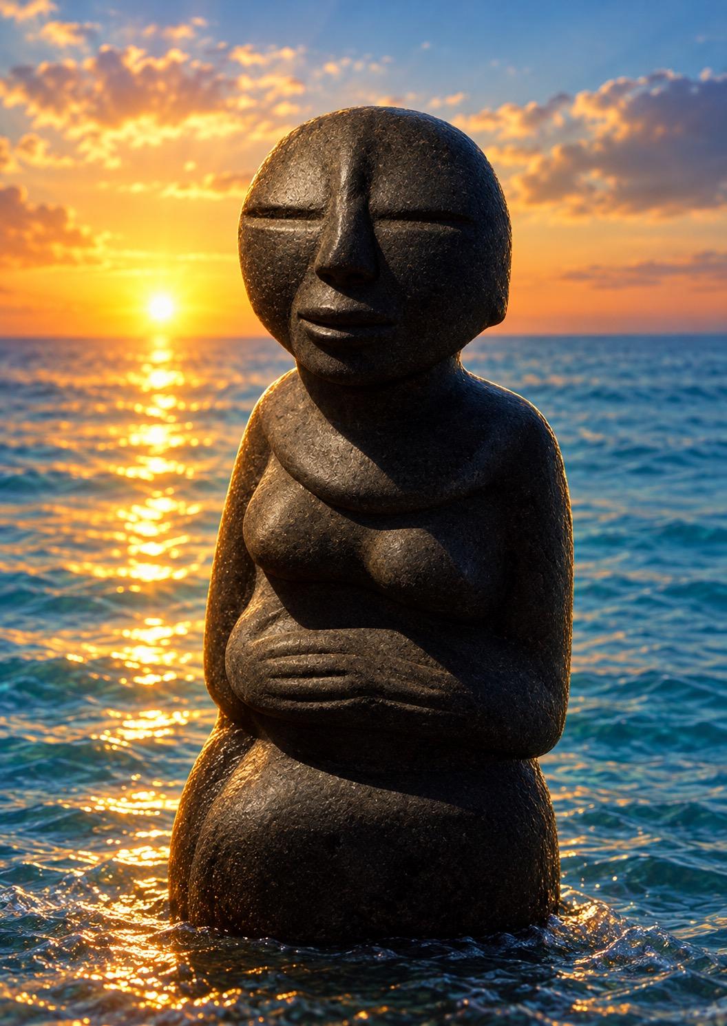 Eine schwarze Steinstatue mit geschlossenen Augen und gefalteten Händen im Meer, dahinter die untergehende Sonne