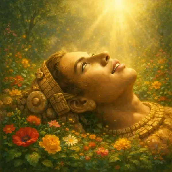 Gemälde: ein Maya-Gesicht aus Stein mit Kopfschmuck liegt in einer Blumenwiese und blickt lächelnd ins goldene Sonnenlicht