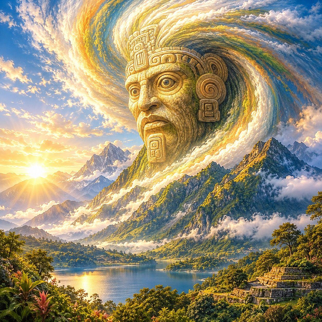 Gemälde: ein steinernes Maya-Gesicht mit Kopfschmuck in einem Wirbel aus Wolken und Wind über Bergen und einem See, links die aufgehende Sonne