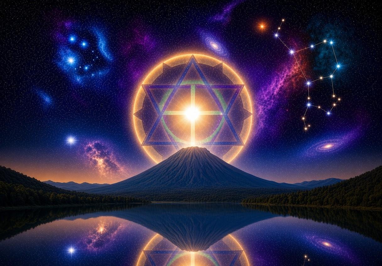 Das Symbol von Paz Mundo — ein Stern aus zwei Pyramiden in einem leuchtenden Kranz, in der Mitte Kreuz und Licht — strahlt über dem Vulkan am Atitlánsee, an dem das Zentrum Paz Mundo liegt, und spiegelt sich im See; darüber ein Himmel mit Plejaden, Orion, Sirius und Arkturus